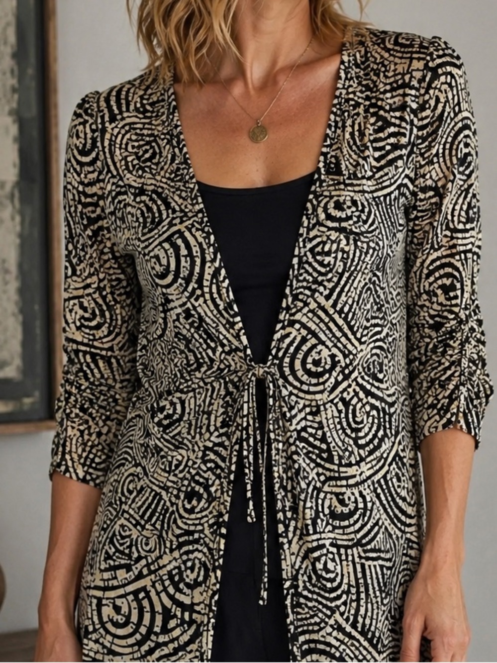 Christina Abstract Mesh Tie Front Cardigan Tunic Ruched Sleeve Artsy Boho M